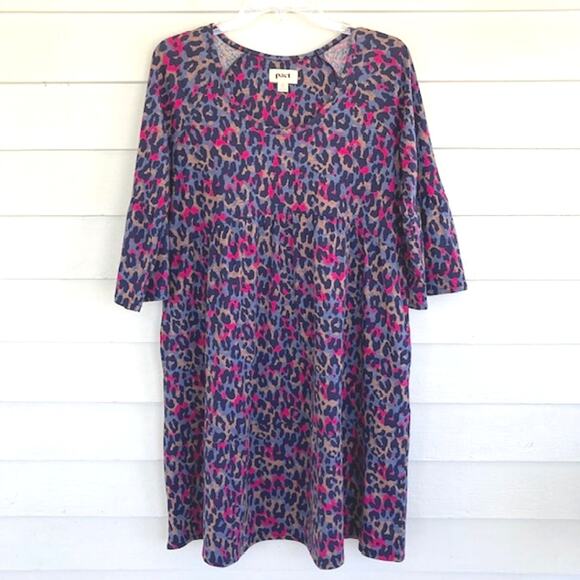 Pact NEW Rainbow Leopard Empire Waist Pocketed 3/4 Sleeve  Knit Mini Dress S - Picture 2 of 9